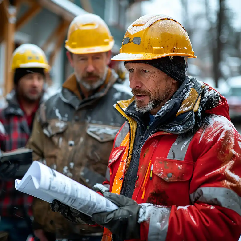Construction foreman reviewing blueprints with siding installation crew, wearing hard hats and safety vests, professional construction site, leadership and planning concept
