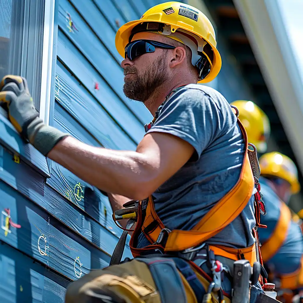 Construction workers properly using safety equipment while installing siding on elevated areas, safety harnesses, hard hats, professional safety standards