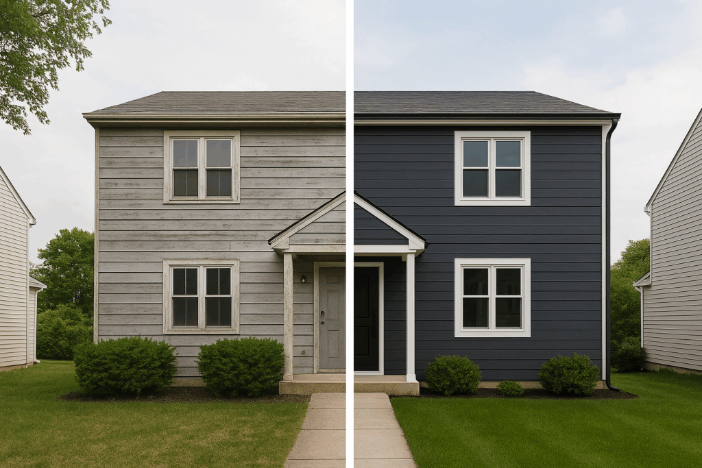 Before and after home exterior siding remodel transformation