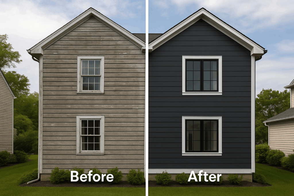 Before and after home exterior siding remodel transformation