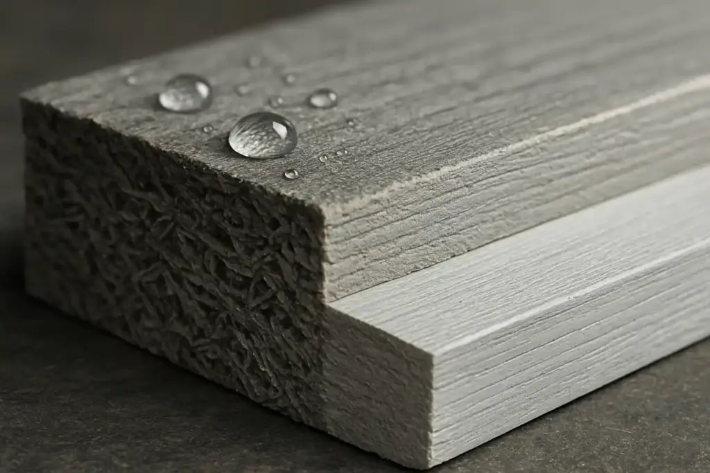 Close-up cross-section view of fiber cement siding showing engineered composition layers, cement fibers visible, dense material structure, weathered vs new comparison