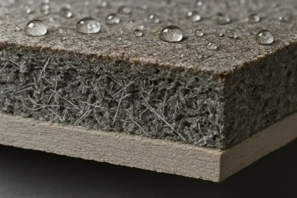 Close-up cross-section view of fiber cement siding showing engineered composition layers, cement fibers visible, dense material structure, weathered vs new comparison, professional construction photography, high detail macro shot, material science visualization